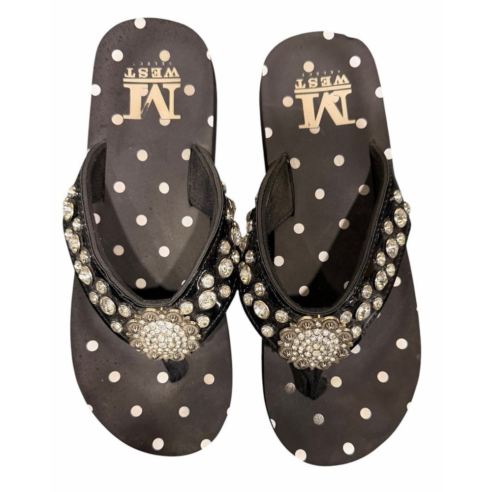 Montana West Rhinestone Black/ White Polka Dot Flip Flops Women's Size 9